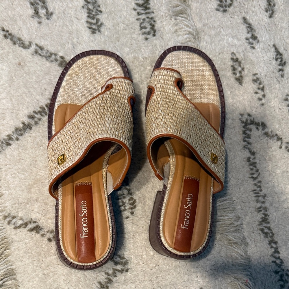 Franco Sarto Natural Woven Tan Trim Slide Sandals